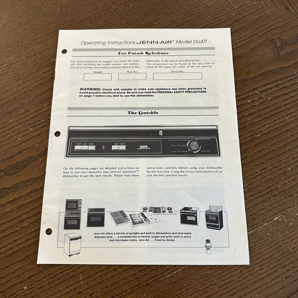 Jenn-Air Model DU471 Jetstream Dishwasher Operating Instructions Manual Vintage